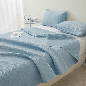 3-Piece Solid Blue and White Cotton Quilted Bedspread 