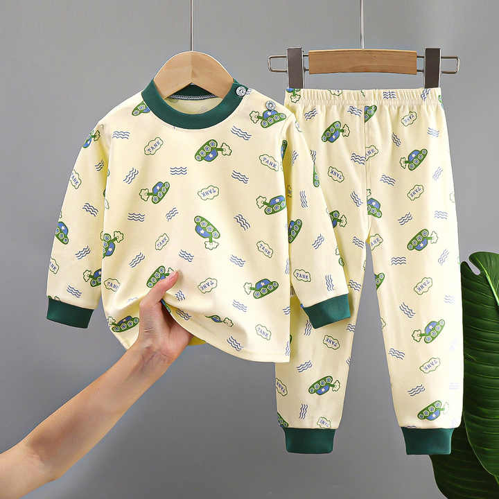 Long Cotton Sleepwear for Kids Cotton Round Neck Pajamas for Children Boys Girls Home Clothes 2 Piece Sets 