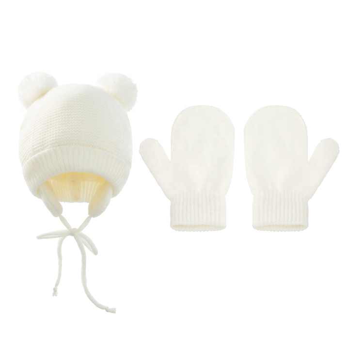 Thick Baby Hats with Double Pompom Kids Hats and Gloves 