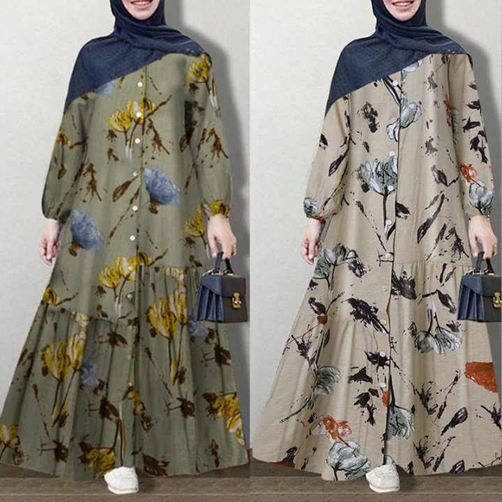 Vintage Muslim Printed Dress Women's-فستان نسائي مطبوع