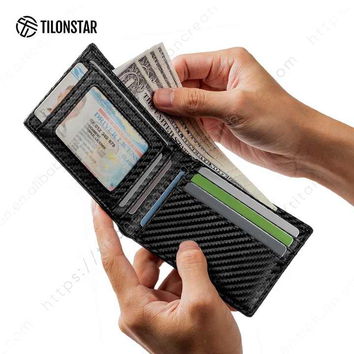 محفظة رجالية جلدية قصيرة قابلة للطي من ألياف . Men's Short Carbon Fiber Leather Bifold Wallet in Black
