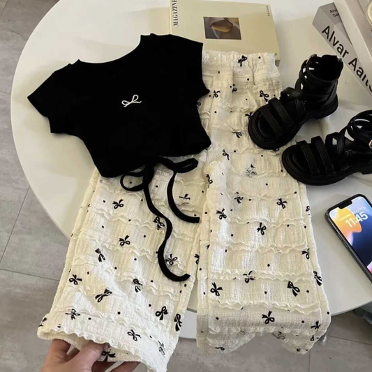 CL6446 New Fashion Lovely Design Short Sleeve Shirt and Wide Leg Pants 2 Piece Set for Little GirlsCL6446 موضة جديدة تصميم جميل قميص قصير الأكمام وبنطال واسع الساق مجموعة من قطعتين للفتيات الصغيرات