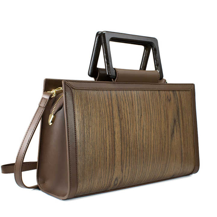 New Arrival Genuine Leather Women's Handbag with Walnut Wooden Handle, Classic Elegant Handbags with Zipper Designer Bags for Women