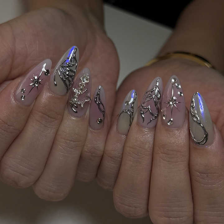 French Leopard Print 3D Diamond Pointed-Triple False Nails 