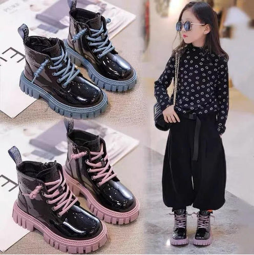 Conison Children's Shoes Korean Fashion Designer Candy Lace-up Boys Girls Autumn Winter PU Leather Outdoor Shoes 