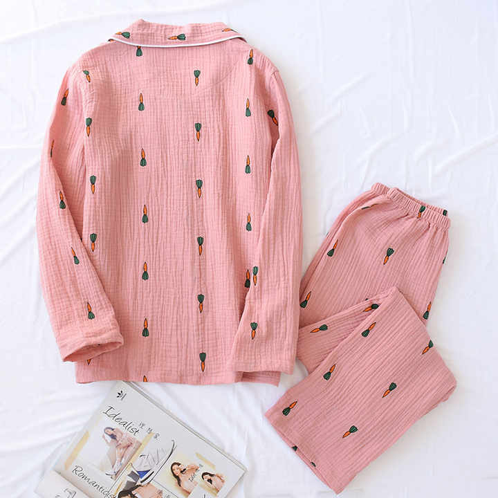 Cute Strawberry Printed Long Sleeve V Neck Nightgown Women Cotton Pajama Set for Women 
