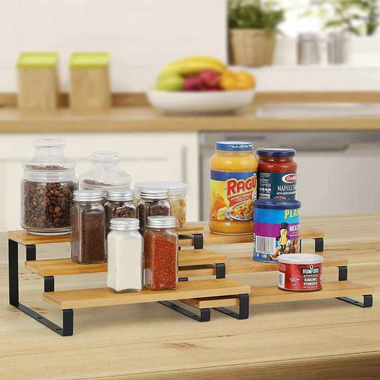 3 الطبقة توسيع رف توابل المنظم أنيقة و المنتجات المنزلية الحديثة خشبية التوابل المنظم 3 Tier Expanding Spice Rack Organizer Elegant and Modern Home Products Wooden Spice Organizer