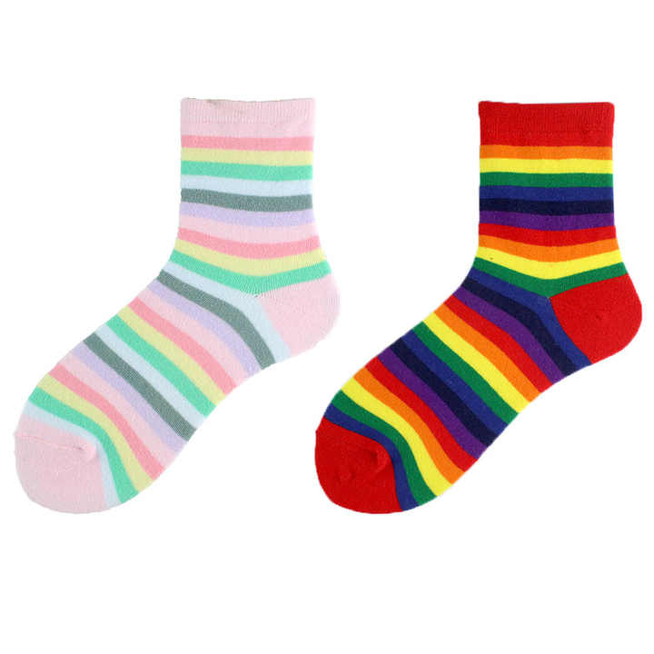 Soft Girl Candy Color Rainbow Striped Knitted Piled Socksجوارب نسائية بطول الكاحل على الطراز الكوري الجنوبي لفصل الربيع والصيف