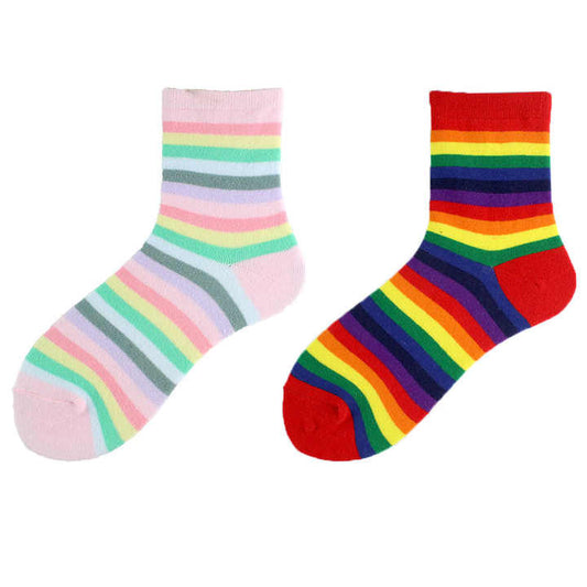 Soft Girl Candy Color Rainbow Striped Knitted Piled Socksجوارب نسائية بطول الكاحل على الطراز الكوري الجنوبي لفصل الربيع والصيف