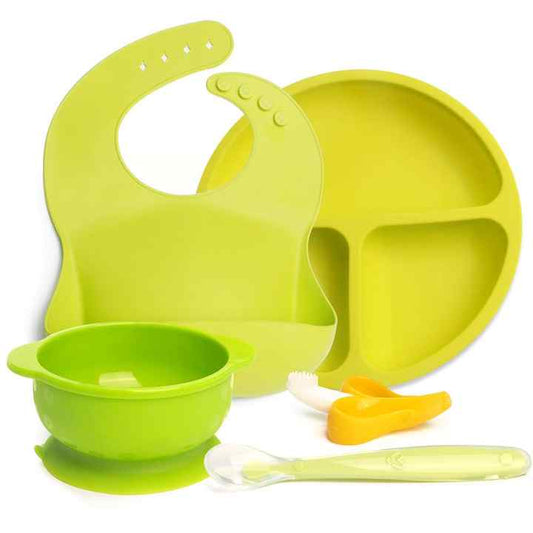 Food Grade Silicone Baby Feeding Set Bib + Suction Bowl + Spoon + Baby Toothbrush + Baby Plate Green 