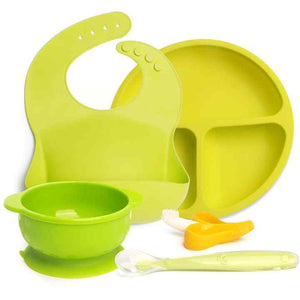 Food Grade Silicone Baby Feeding Set Bib + Suction Bowl + Spoon + Baby Toothbrush + Baby Plate Green 