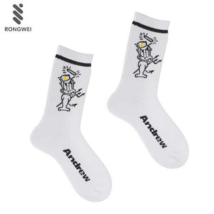 Fashion Cartoon Crew Casual Sports Socks White Custom Basketball Crew Running Socks 