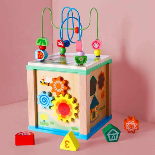 Educational Wooden Multifunctional Jewelry Box Round Beads Cube Toy for Kids 
