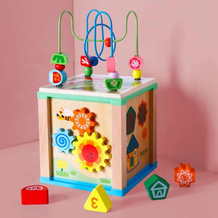 Educational Wooden Multifunctional Jewelry Box Round Beads Cube Toy for Kids 