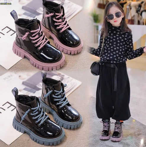 Conison Children's Shoes Korean Fashion Designer Candy Lace-up Boys Girls Autumn Winter PU Leather Outdoor Shoes 