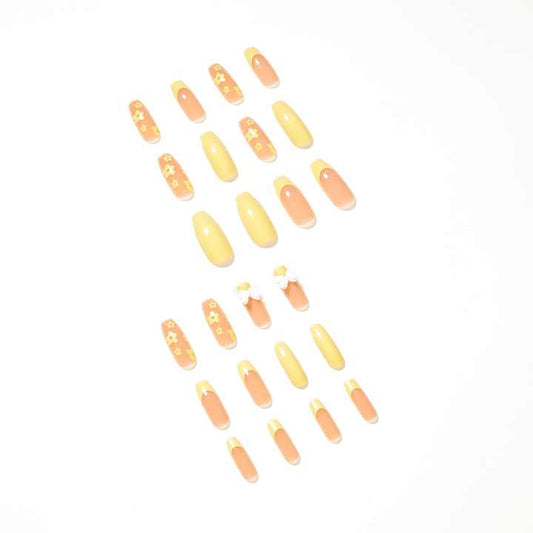 High Quality Artificial Nails - Fake Butterfly Yellow Flower Pattern Nail Art Long Removable 