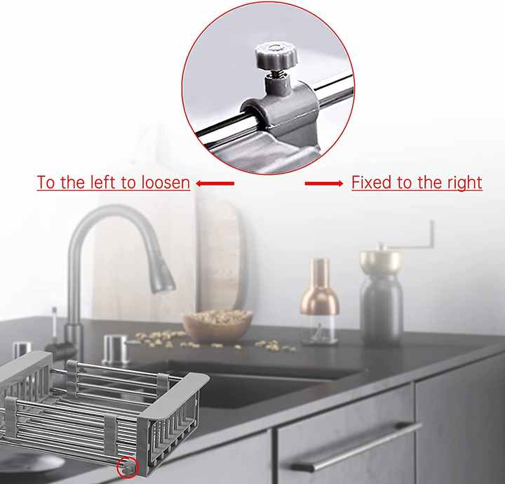 Adjustable sink, dish drainer, stainless steel basket over the sink