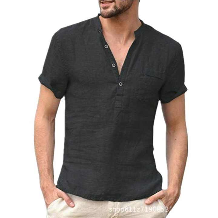 قميص رجالي من القطن والكتان برقبة هينلي . Men's Cotton Linen Henley Neck Pocket Casual Beach