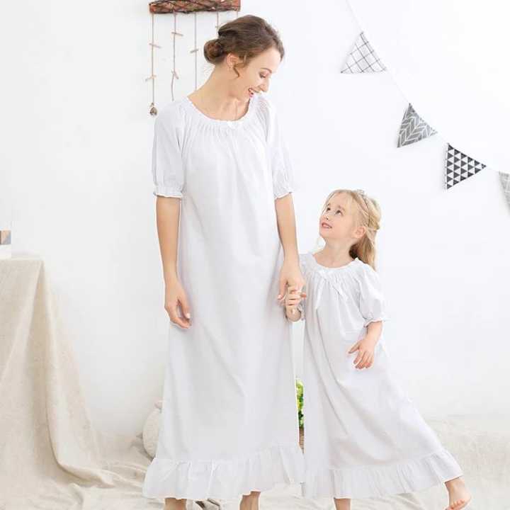 Huge Discounts Mother and Daughter Summer Cotton Dress Mommy and Me Clothes Short Sleeve Pajamas Loose Sleepwear 