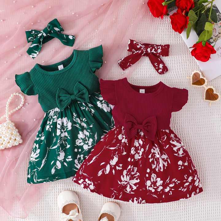 فستان فتاة صغيرة بأكمام طويلة مع فيونكة لطيفة -  Little Girl Sweet Bow Fly Sleeve Dress Baby