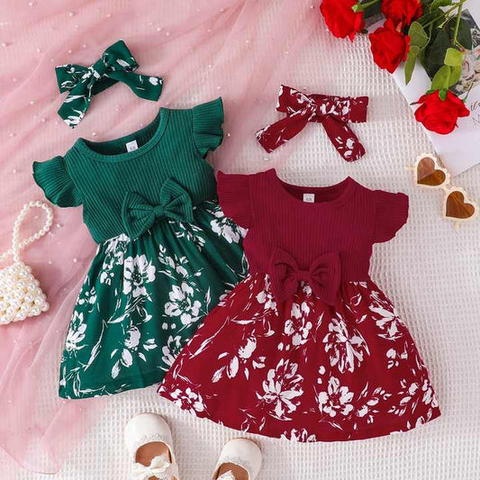 فستان فتاة صغيرة بأكمام طويلة مع فيونكة لطيفة -  Little Girl Sweet Bow Fly Sleeve Dress Baby