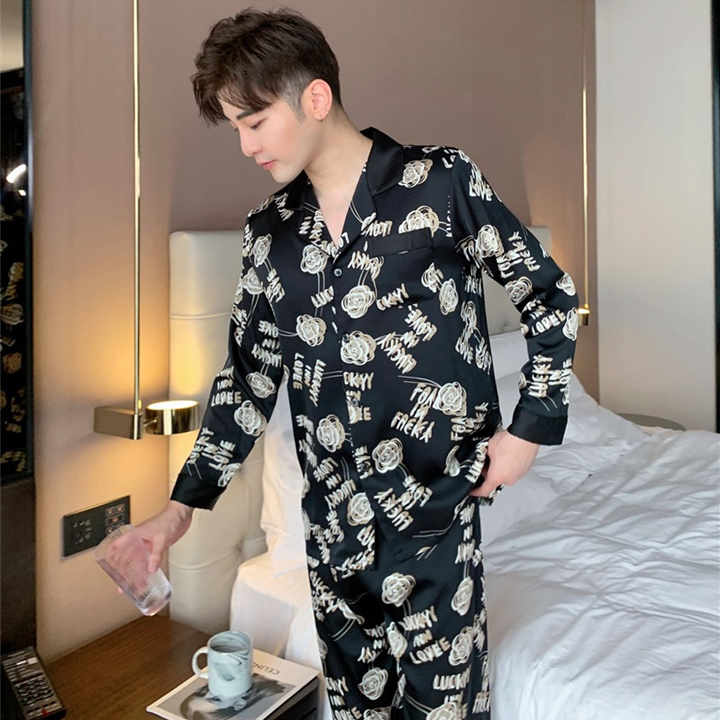 Spring, new men's ice silk floral pajamas 
