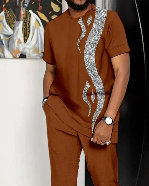 بدلة رجالية بنية بيضاء مطبوعة بأكمام قصيرة