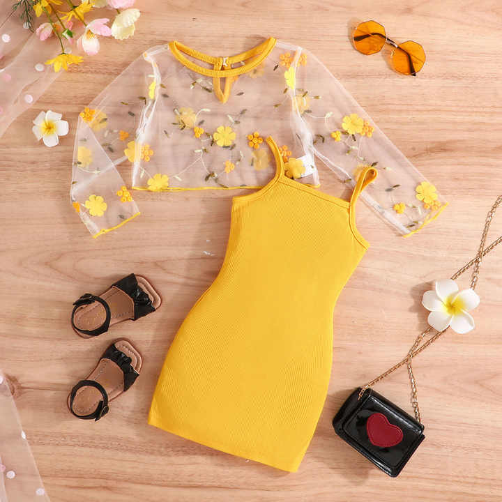 Girls' Suspenders Dress Set, Kids Girls 2 Pieces Dress, Girls' Summer Embroidered Printed Clothes Set, Kids Girls' Casual Clothes Sets 