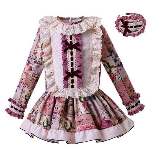 OEM Pettigirl Girls Floral Dress With Bow-موديل مع ياقة