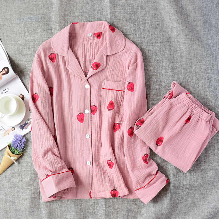 Cute Strawberry Printed Long Sleeve V Neck Nightgown Women Cotton Pajama Set for Women 