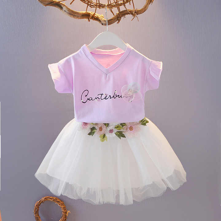 Summer girl Korean version cheap price pure cotton top + puffy skirt 2 pieces children's clothing setفتاة الصيف النسخة الكورية رخيصة الثمن القطن الخالص أعلى + تنورة منتفخة 2 قطعة مجموعة ملابس الأطفال