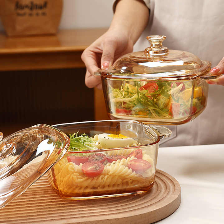High-end food bowl, thick double-eared salad bowl, amber glass bowl, kitchen utensils, glass bowl with lid 