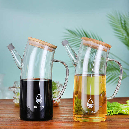 New Design 1L Handmade Sealed Leakproof Heat Resistant High Borosilicate Clear Thick Glass Oil Pot with Handle and Bamboo Lid 