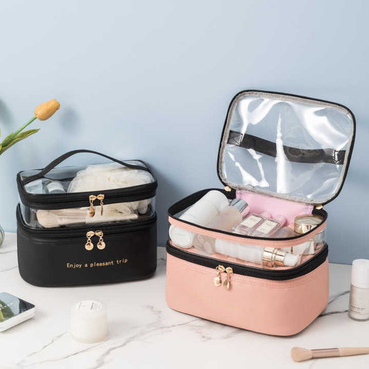 حقيبة مكياج من طبقة مزدوجة شفافة - Double Layer Makeup Bag Portable Travel