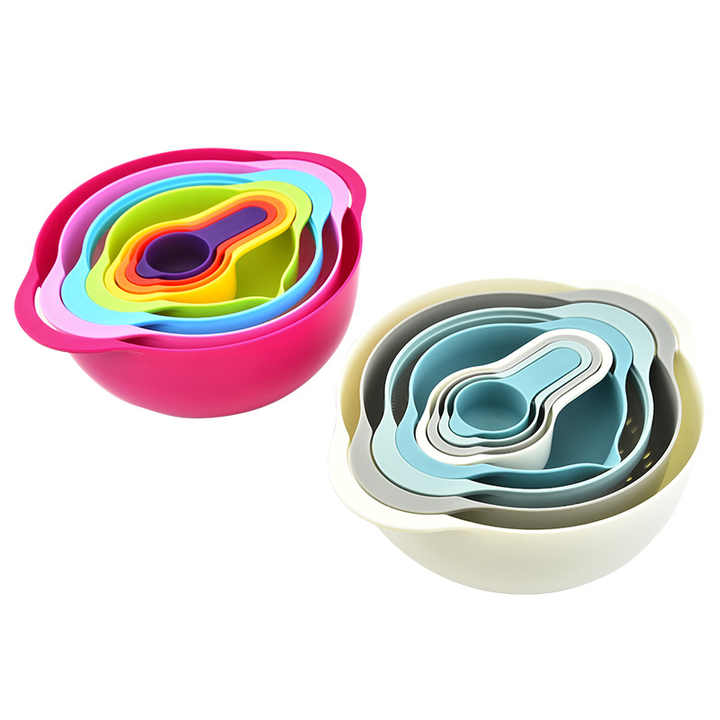 طقم 8 أطباق سلطة متعددة الوظائف لخلط الطعام وعاء تحضير الطعام مع مصفاة غربلة وكأس قياس لإكسسوارات المطبخSet of 8 Multifunctional Salad Bowls for Mixing Food Prep Bowl with Strainer and Measuring Cup for Kitchen Accessories