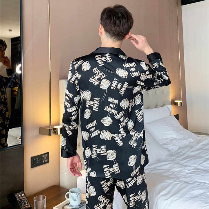 Spring, new men's ice silk floral pajamas 