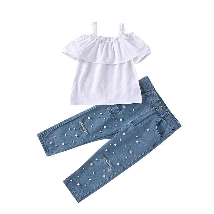 Girls' 2-Piece Beaded Jeans Outfits Summer Elegant طقم ملابس بناتي من قطعتين جينز مطرز بالخرز صيفي أنيق
