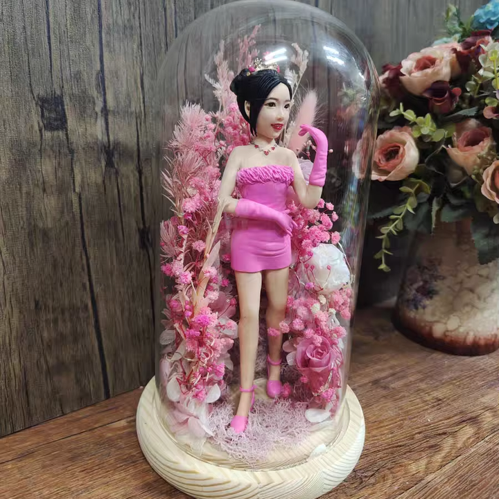Custom Everlasting Flower Glass Dome Bobblehead - تمثال هزاز ثلاثي الأبعاد