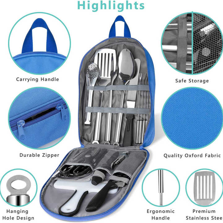 Portable Camping Kitchen Utensil Set, Stainless Steel 