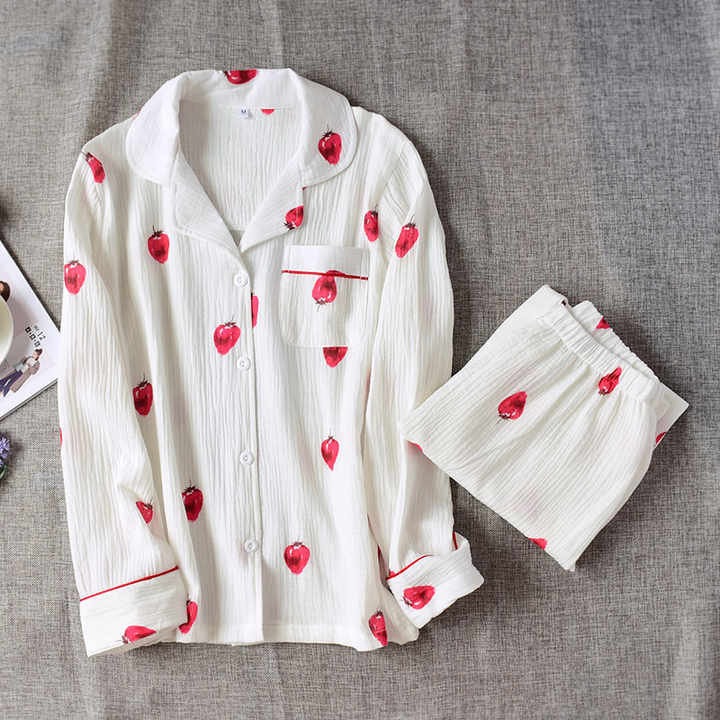 Cute Strawberry Printed Long Sleeve V Neck Nightgown Women Cotton Pajama Set for Women 