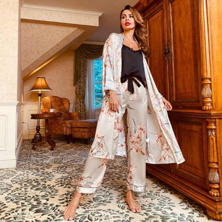 Autumn Sleepwear Women 3 Pieces Silk Sleepwear Pajamas Robe Set Floral Silk Pajamas Night Suit for Women 