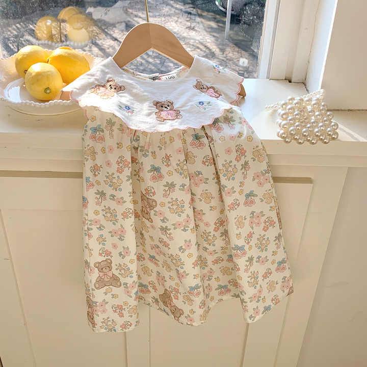 Summer Children's Floral Vest Skirt Girl Clothes- فستان بناتي مطرز على شكل دب وياقة