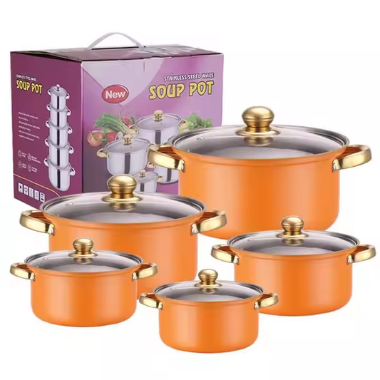 High Quality 5 Piece Cast Iron Cookware Set Orange Gold Handle 