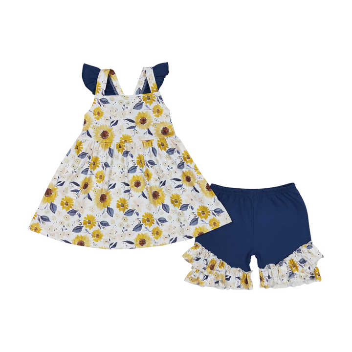 Sunflower Floral Top Shorts Baby-فساتين صيفية وردية مطرزة بالترتر للفتيات