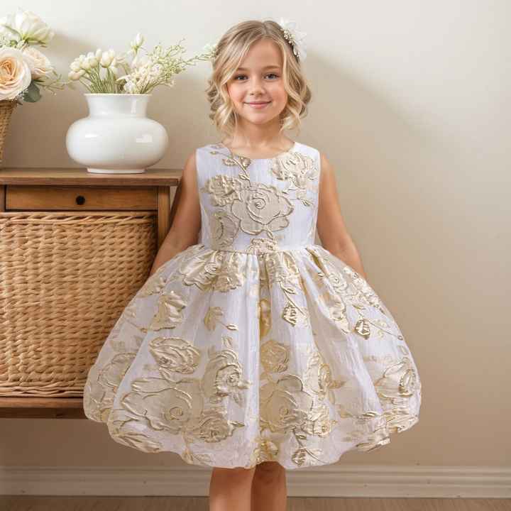 Lantern Knee Skirt Girl Dresses- تنورة الأميرة من الجاكار بنقشة الزهور الذهبية