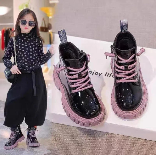 Conison Children's Shoes Korean Fashion Designer Candy Lace-up Boys Girls Autumn Winter PU Leather Outdoor Shoes 