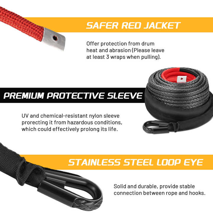 80ft Black Synthetic Winch Rope 24,000 lbs, 