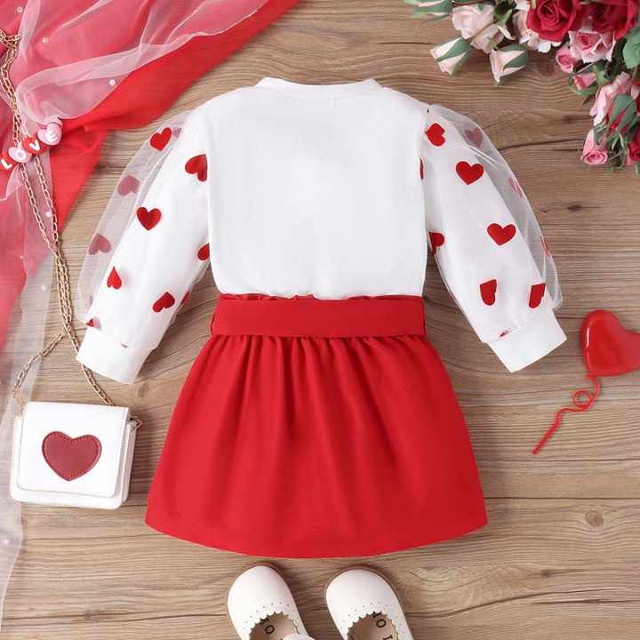 Elegant Red Heart Print Blouse + A-Line Skirts 1-5 Years Girls Valentine's Day Outfits Sets with Glasses Bagبلوزة أنيقة بطبعة قلب أحمر + تنورات على شكل سطر 1-5 سنوات مجموعات ملابس للبنات لأيام عيد الحب مع حقيبة نظارات
