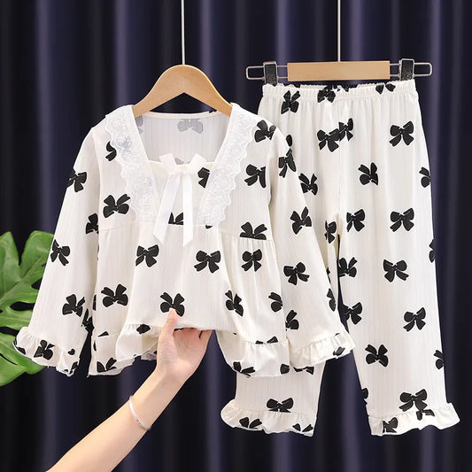 طقم بيجامات ربيعية بأكمام طويلة للفتيات ، بيجامة على طراز الأميرة بياقة مربعة ' Spring Long Sleeve Pajamas Set, Princess Style Square Collar Pajamas, Cute Cartoon Print Thin Children's