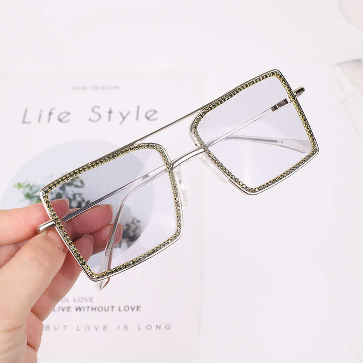 Wholesale Rectangular Glasses Crystal Bling Loose Fit Clear Lens Rhinestone Anti Blue Big Square Women Diamond Sunglassesنظارات مستطيله للبيع بالجملة كريستال بلينغ فضفاض فضفاض عدسة واضحة حجر الراين مضادة للمربع الكبير للنساء نظارات شمسية ماسية